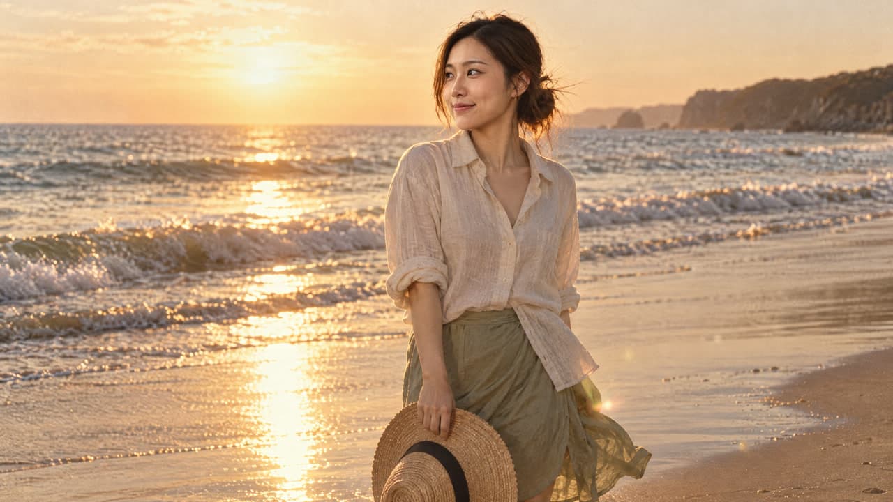 Opening frame of the AI film: the same woman holding a straw hat at the waterline at sunset