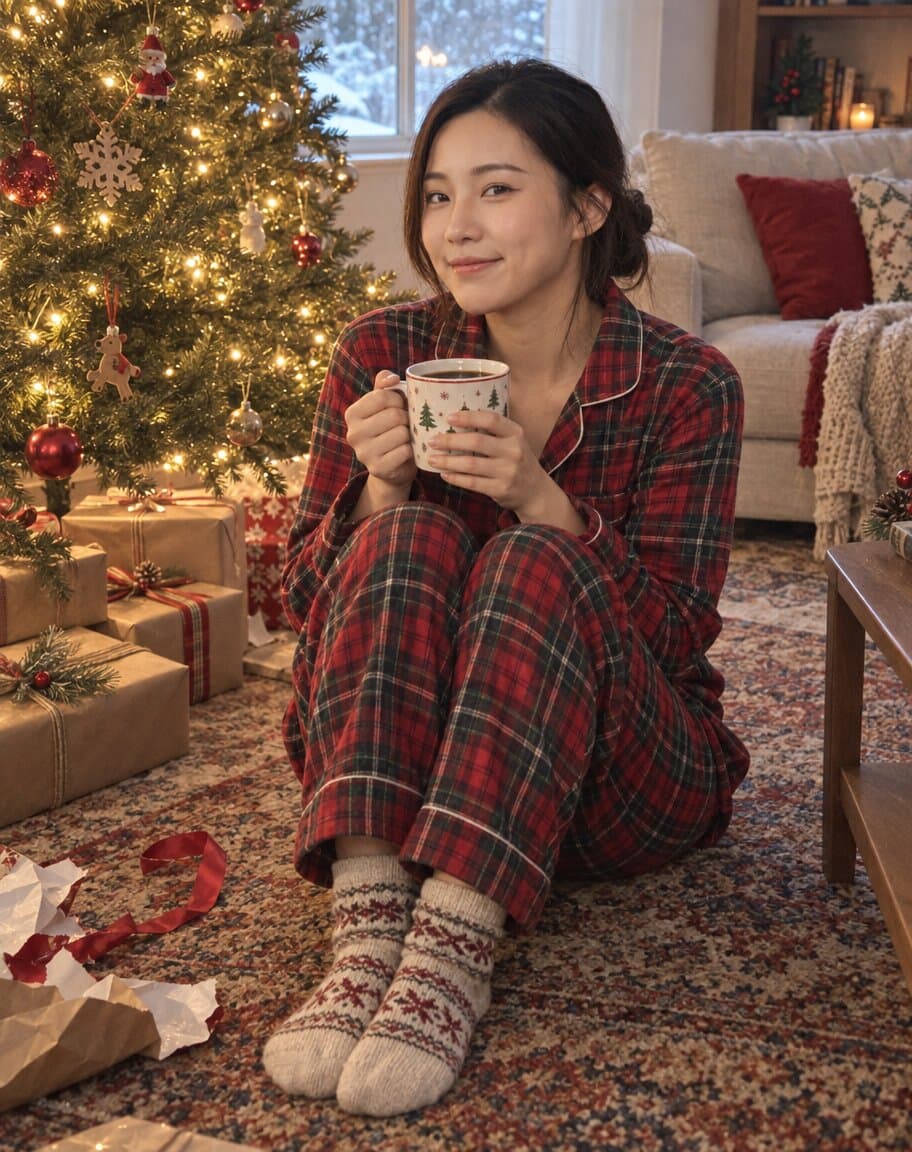 Woman in red plaid pyjamas sitting by a lit Christmas tree with a mug