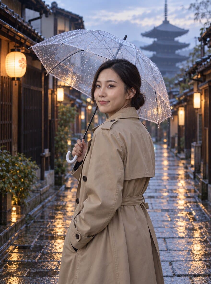 Woman with a clear umbrella in a narrow wooden lane in Kyoto at dawn after rain