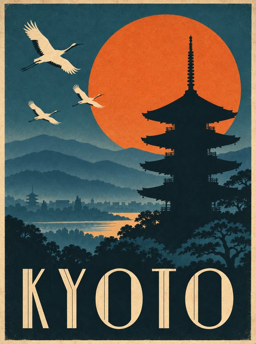 Vintage-style travel poster of a pagoda at sunset with the word KYOTO