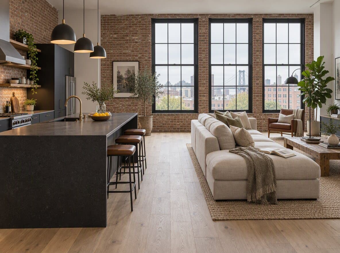 Open-plan loft kitchen and living room with exposed brick and steel windows