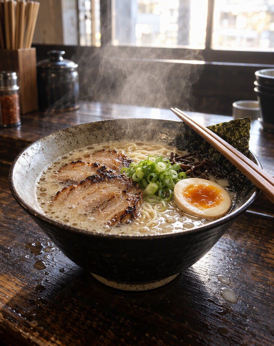 Bowl of tonkotsu ramen with chashu, soft egg and nori, steam backlit by a window