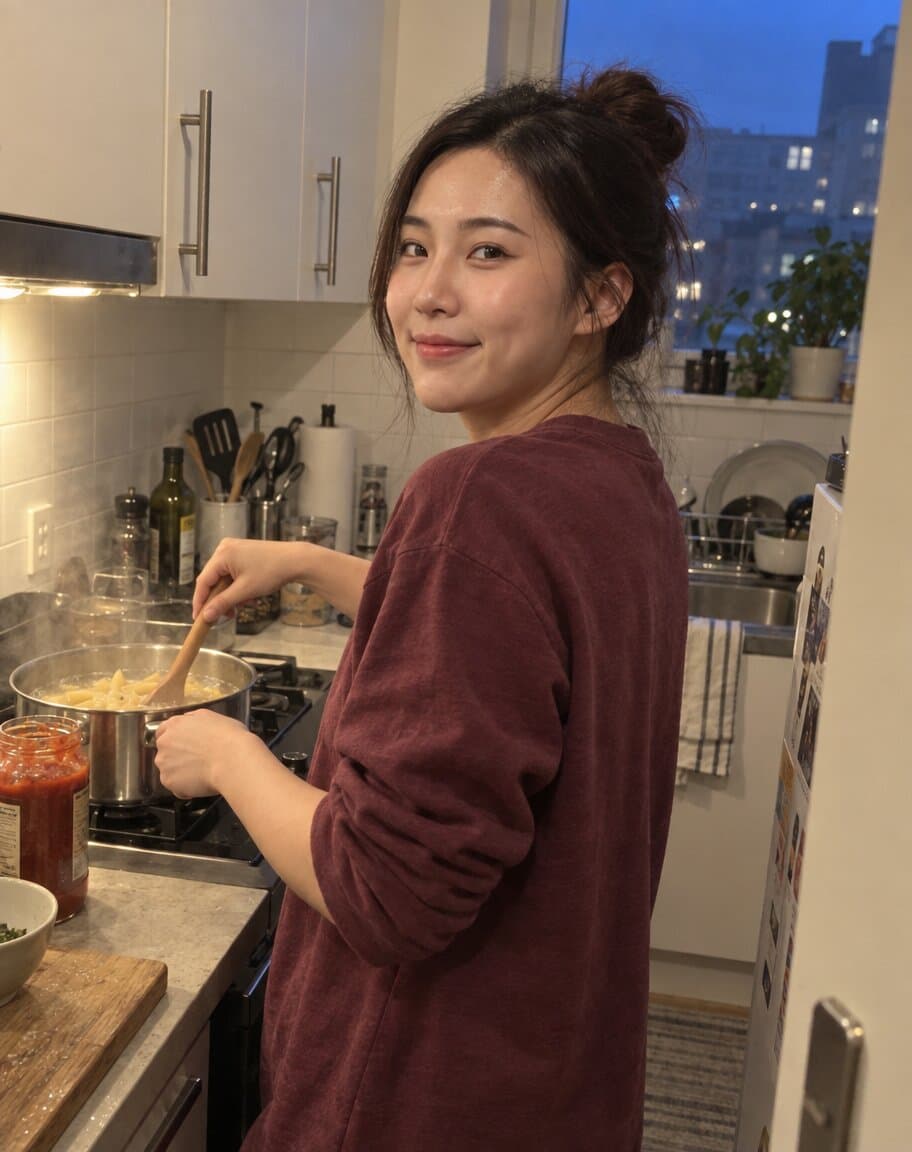 Candid phone photo of a woman laughing while stirring pasta in a small kitchen