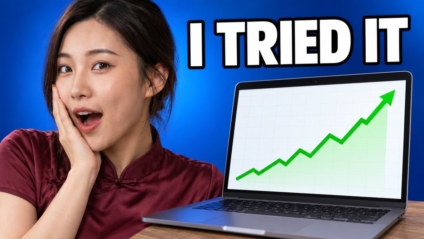 YouTube thumbnail of a surprised woman next to a laptop with the text I TRIED IT