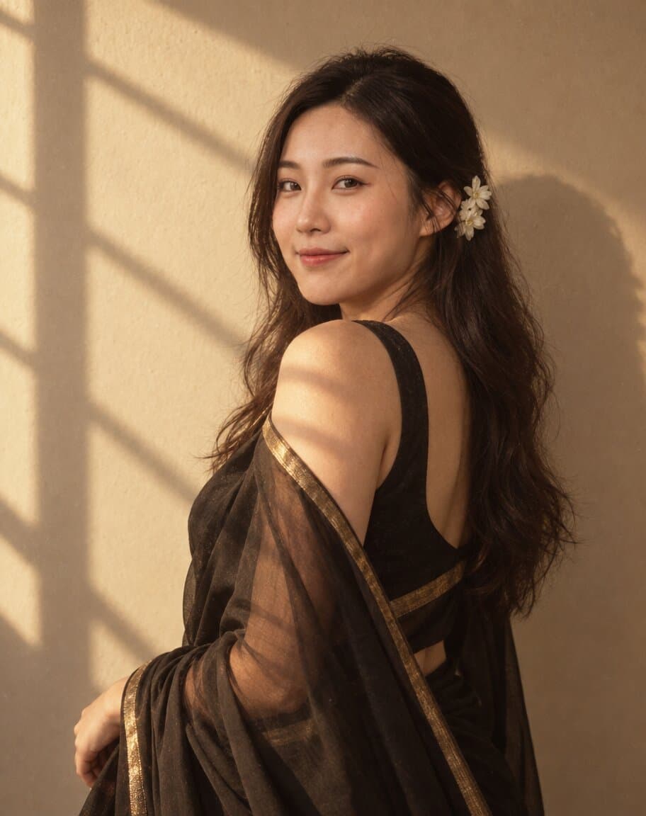 Woman in a sheer black chiffon saree standing against a warm wall with sharp window shadows