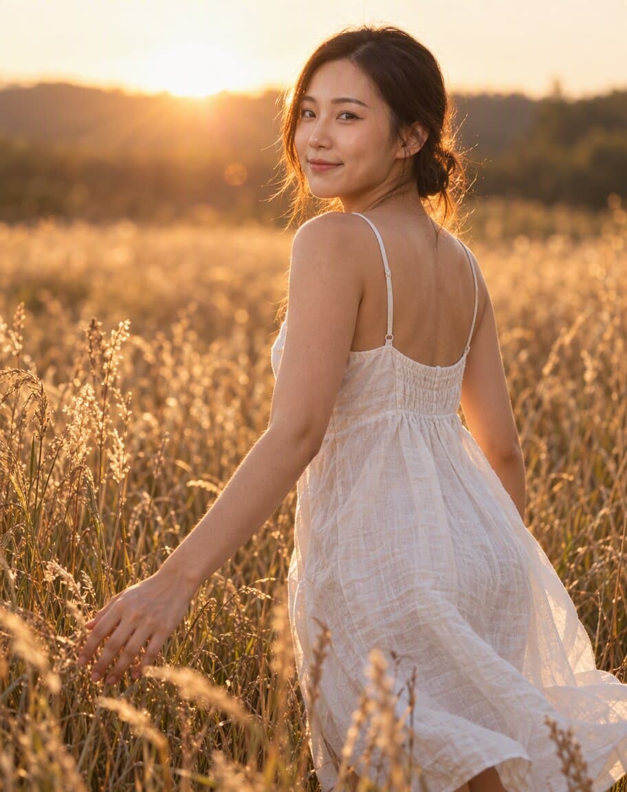 Woman in a white linen dress walking through tall grass at sunset