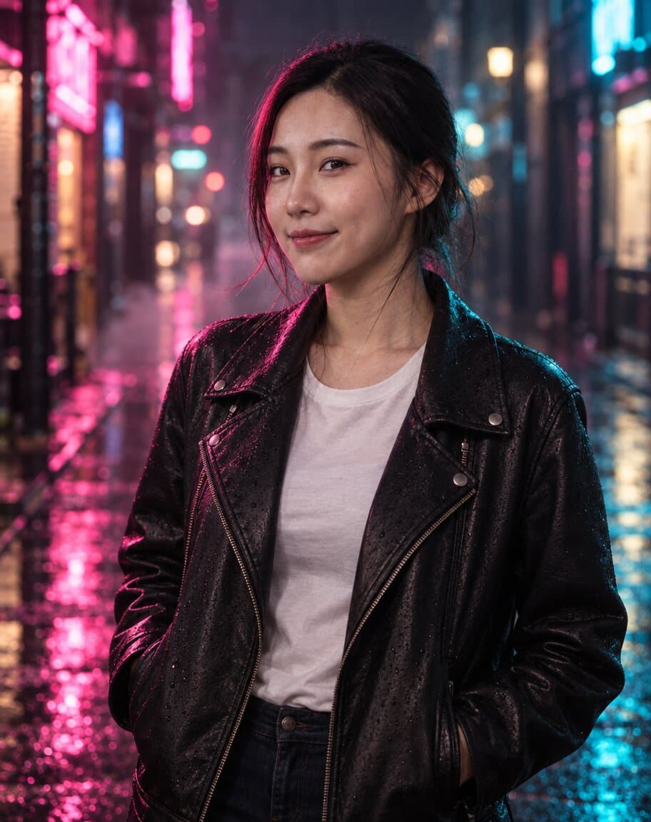 Woman on a wet city street at night lit by pink and blue neon signs