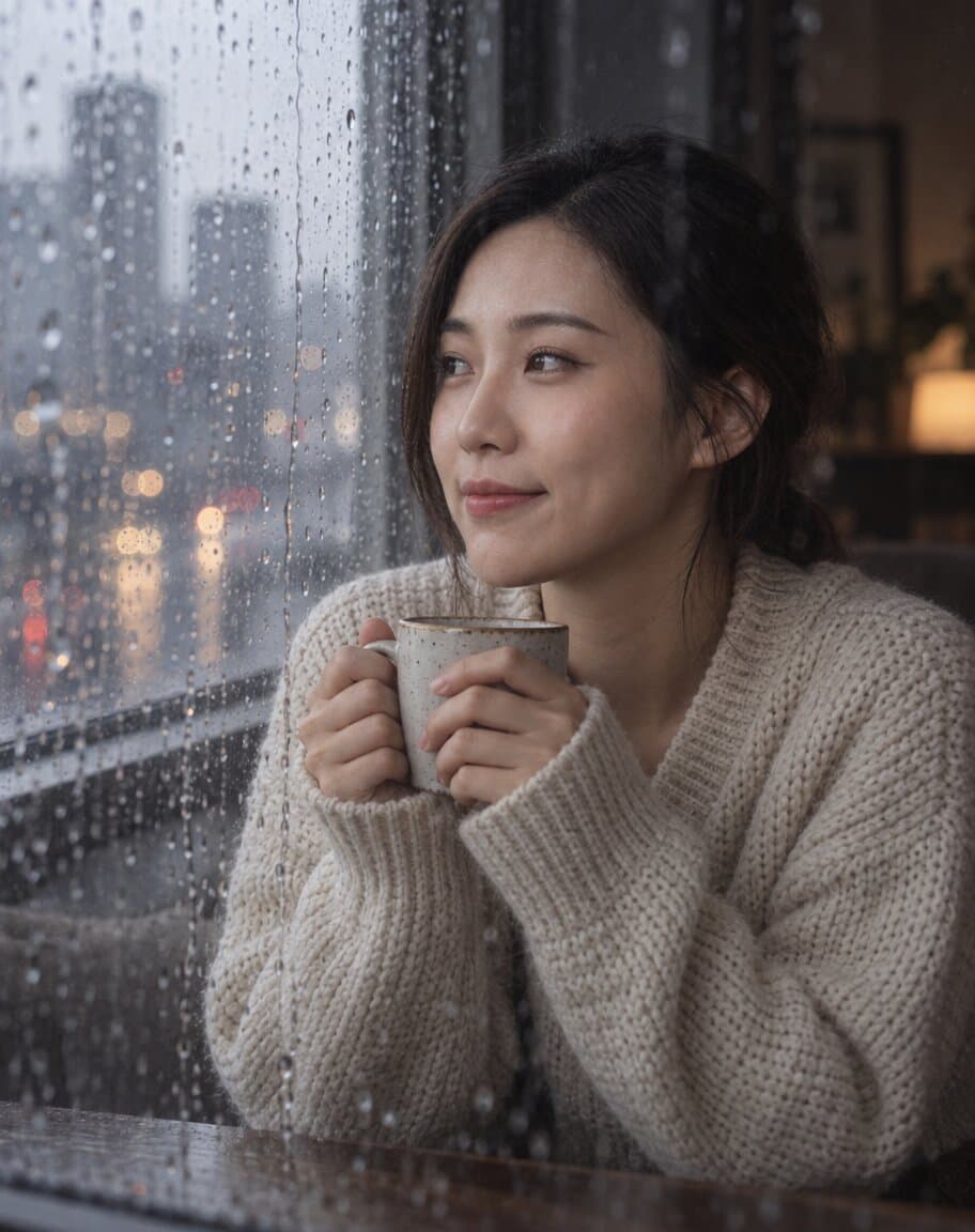 Woman by a rainy window turning from the rain toward the camera with a small smile