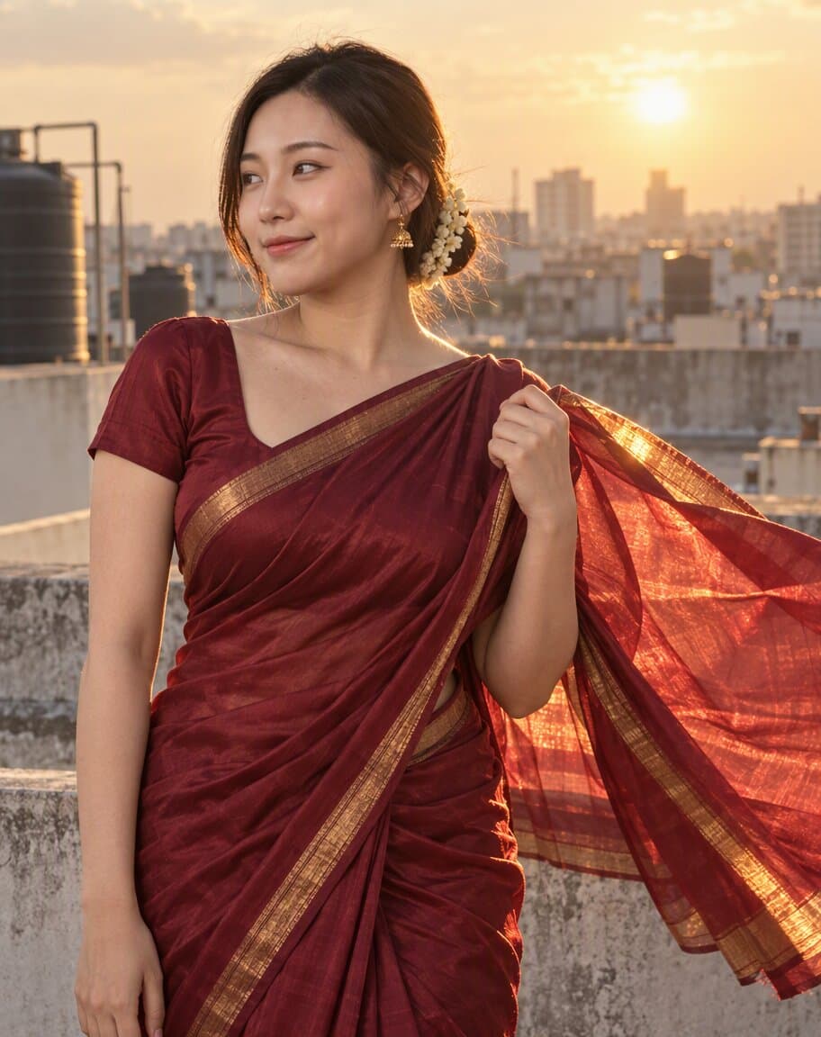 Start frame of a woman in a red saree on a rooftop at golden hour