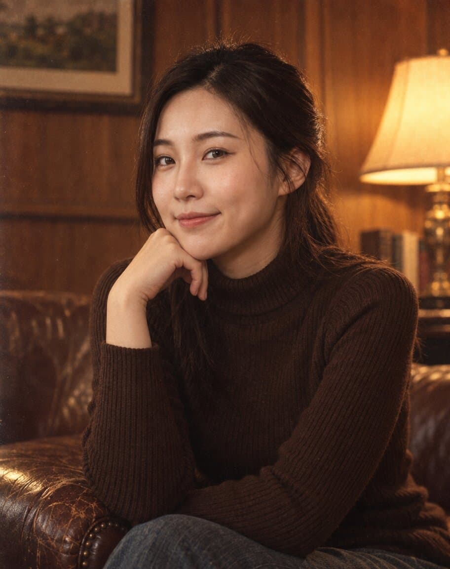 Retro 90s film-style portrait of a woman in a brown turtleneck with warm tones
