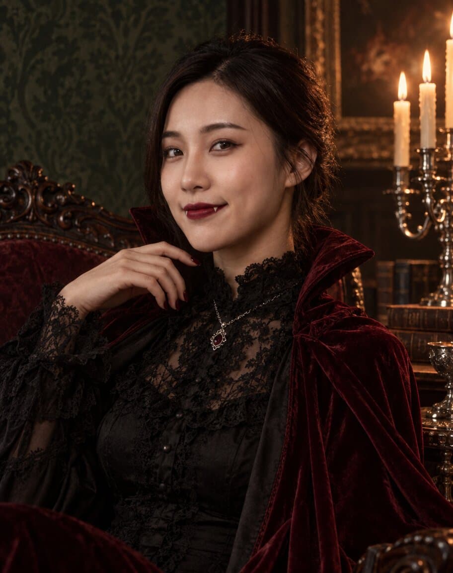 Woman in a Victorian gothic outfit with a candelabra in a dark room