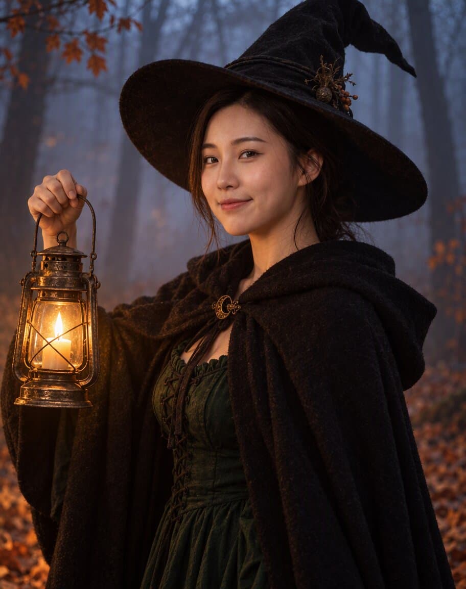 Woman dressed as a witch holding a lantern in a misty autumn forest at dusk