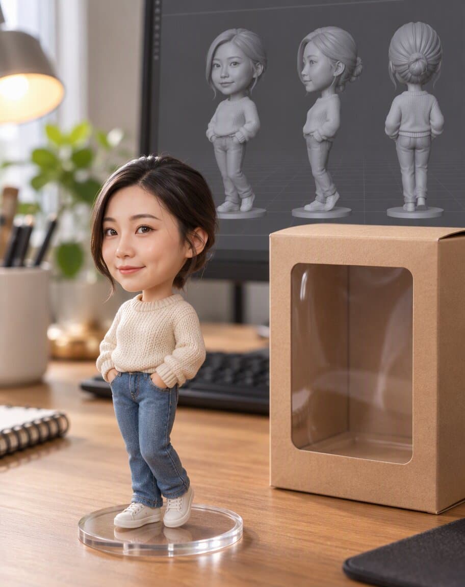 Collectible figurine of a woman on a round clear base on a desk next to a monitor