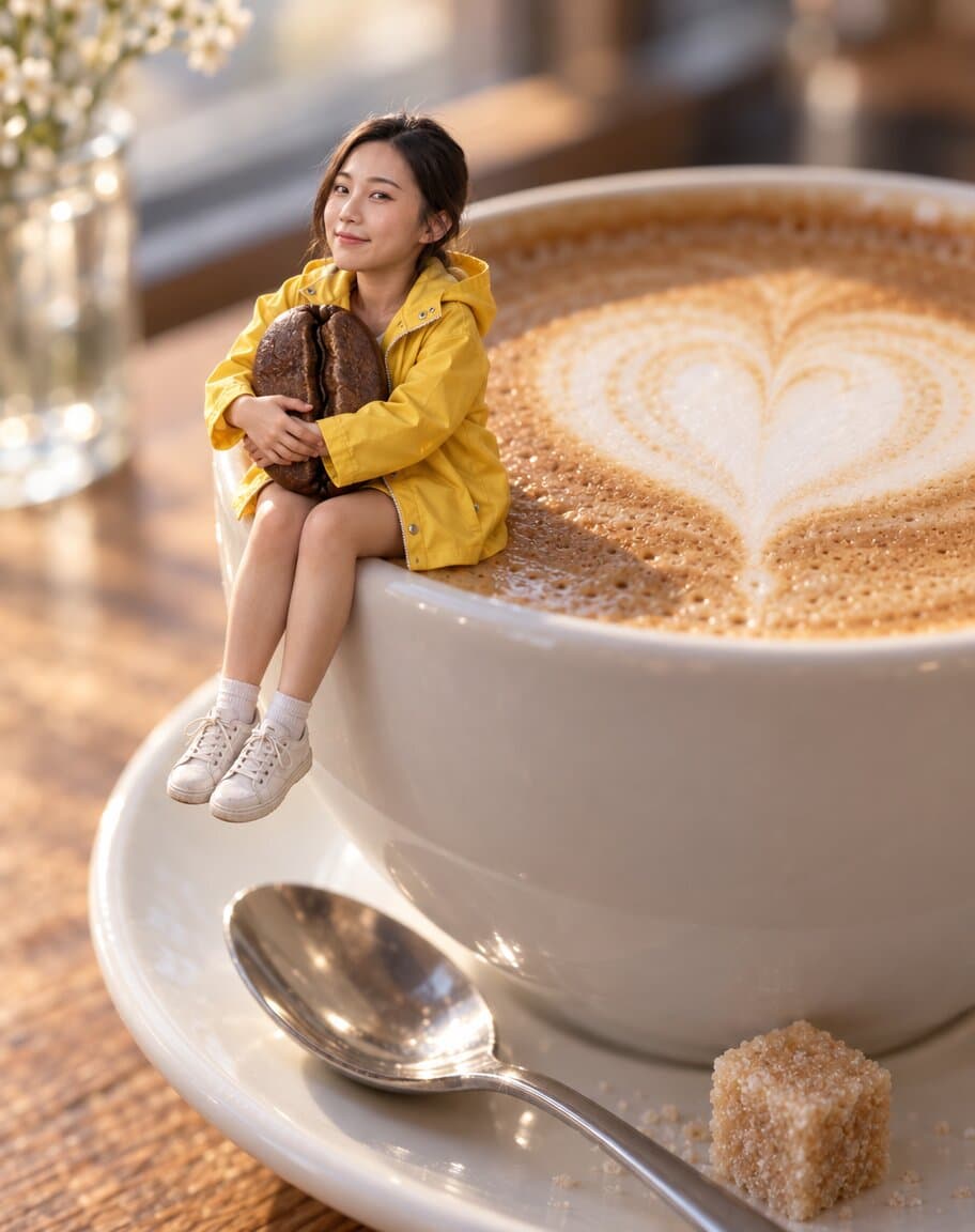 Tiny miniature woman sitting on the rim of a large latte cup