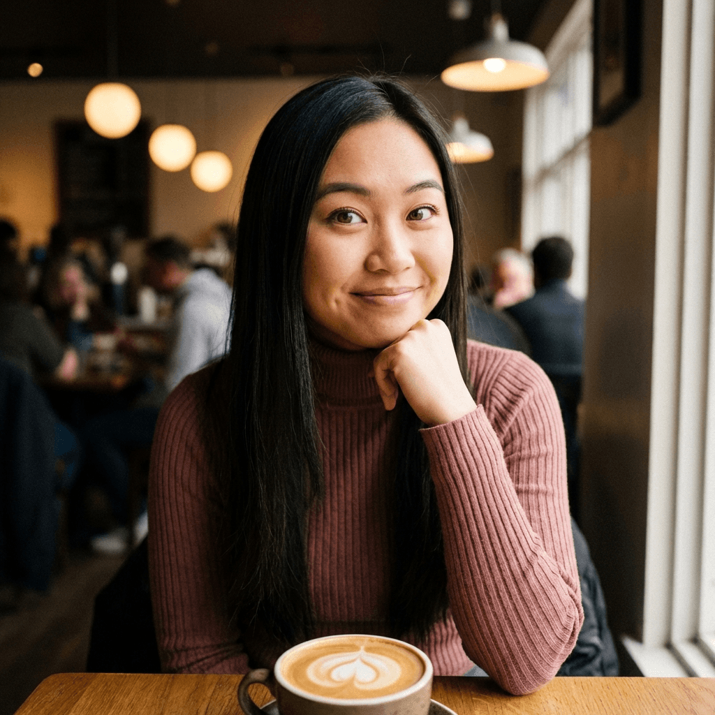 AI girlfriend at cafe - Asian woman with latte
