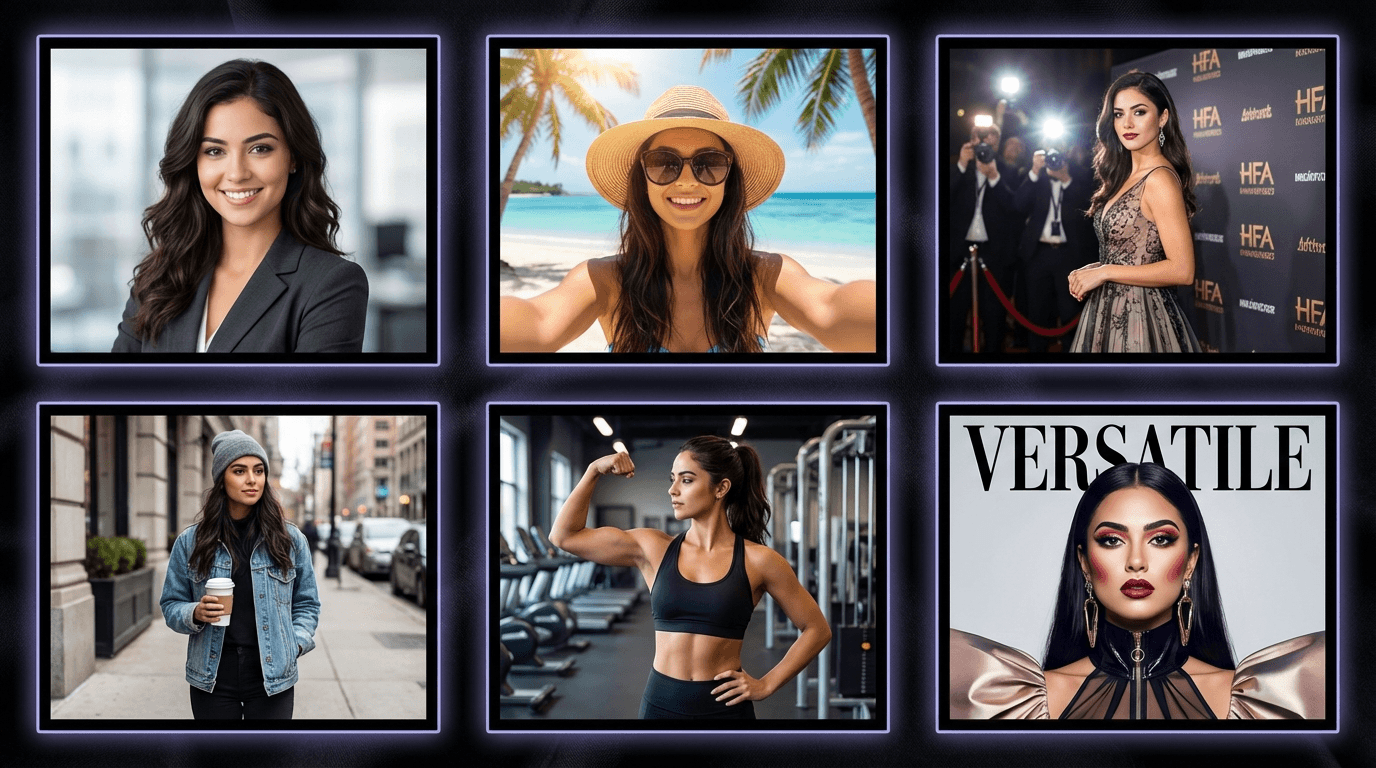 Face swap grid showing same face in 6 different scenarios