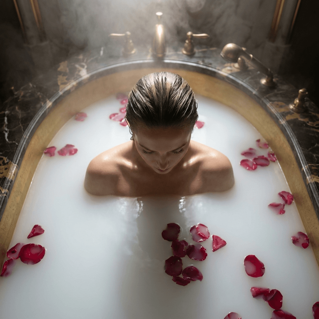 Artistic boudoir bath portrait with rose petals
