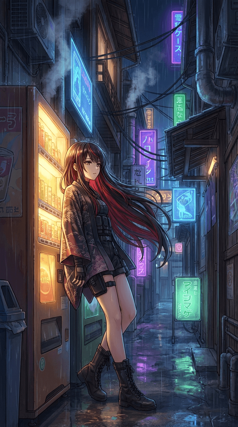 Anime girl in kimono with neon cyberpunk alley