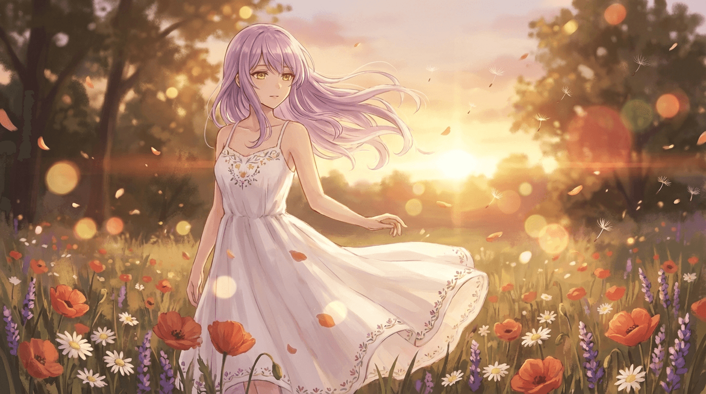 Elegant anime girl in flower field at golden hour