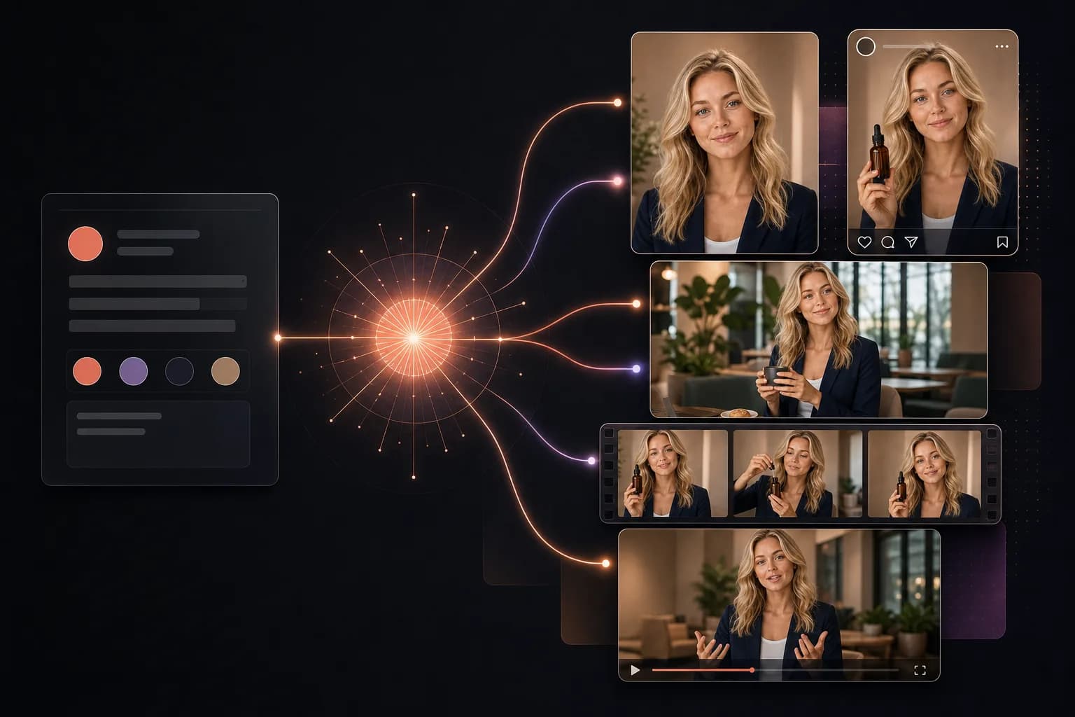 A campaign brief flowing through Claude into consistent AI influencer posts, UGC, reels, and videos