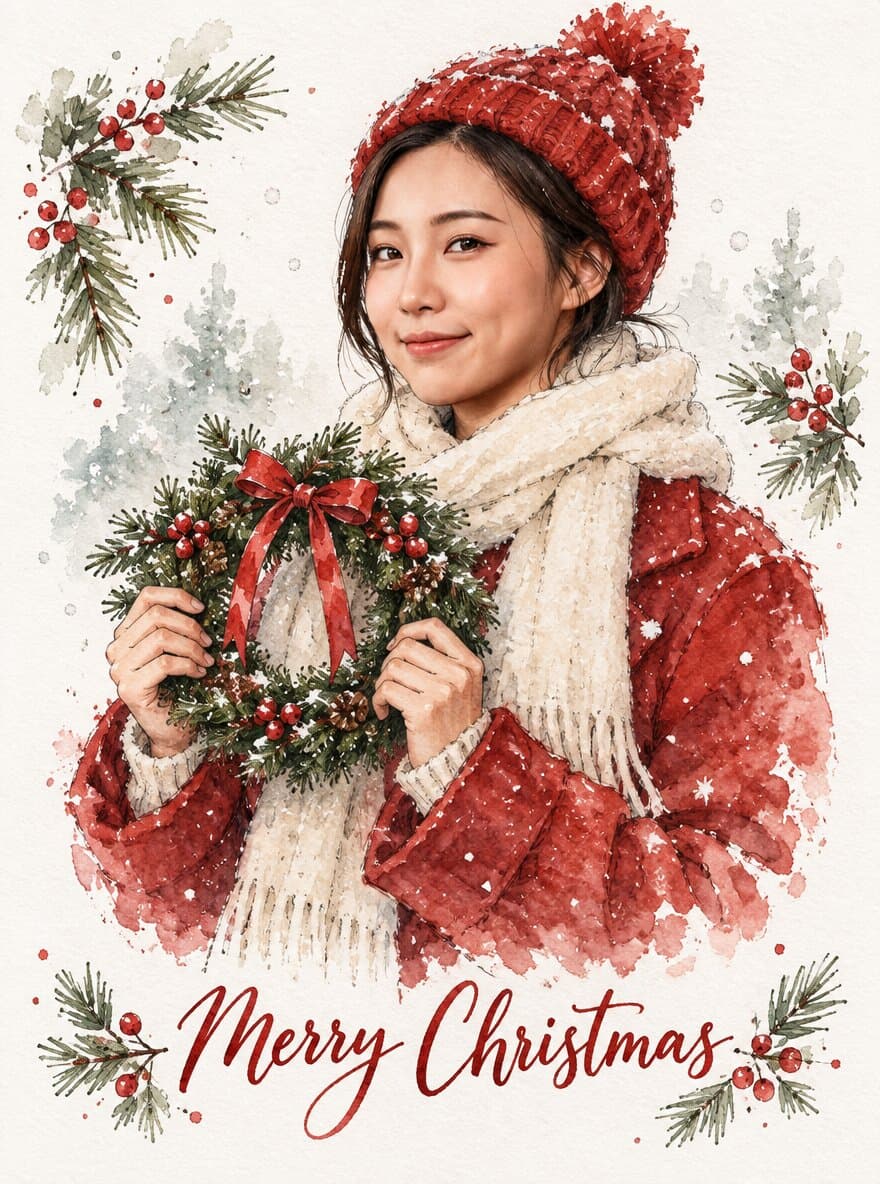 Watercolour Christmas card illustration of a woman holding a wreath with Merry Christmas lettering