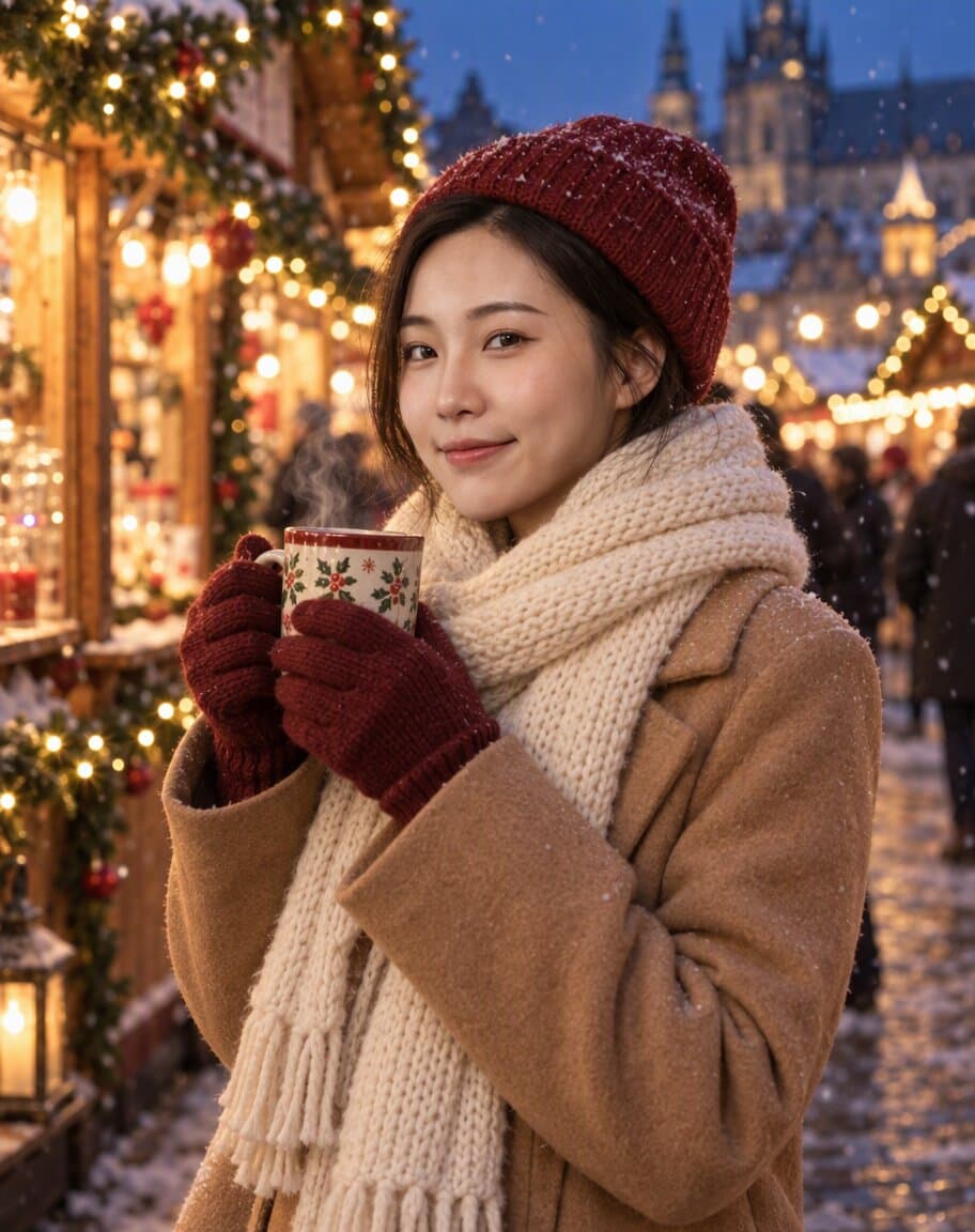 Woman holding a mug of mulled wine at a Christmas market at dusk