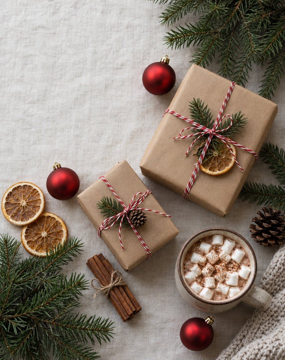Flat lay of wrapped gifts, pine branches, ornaments and a mug of cocoa on linen