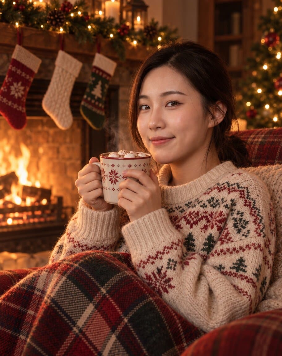 Woman in a cream sweater holding hot cocoa with marshmallows by a fireplace