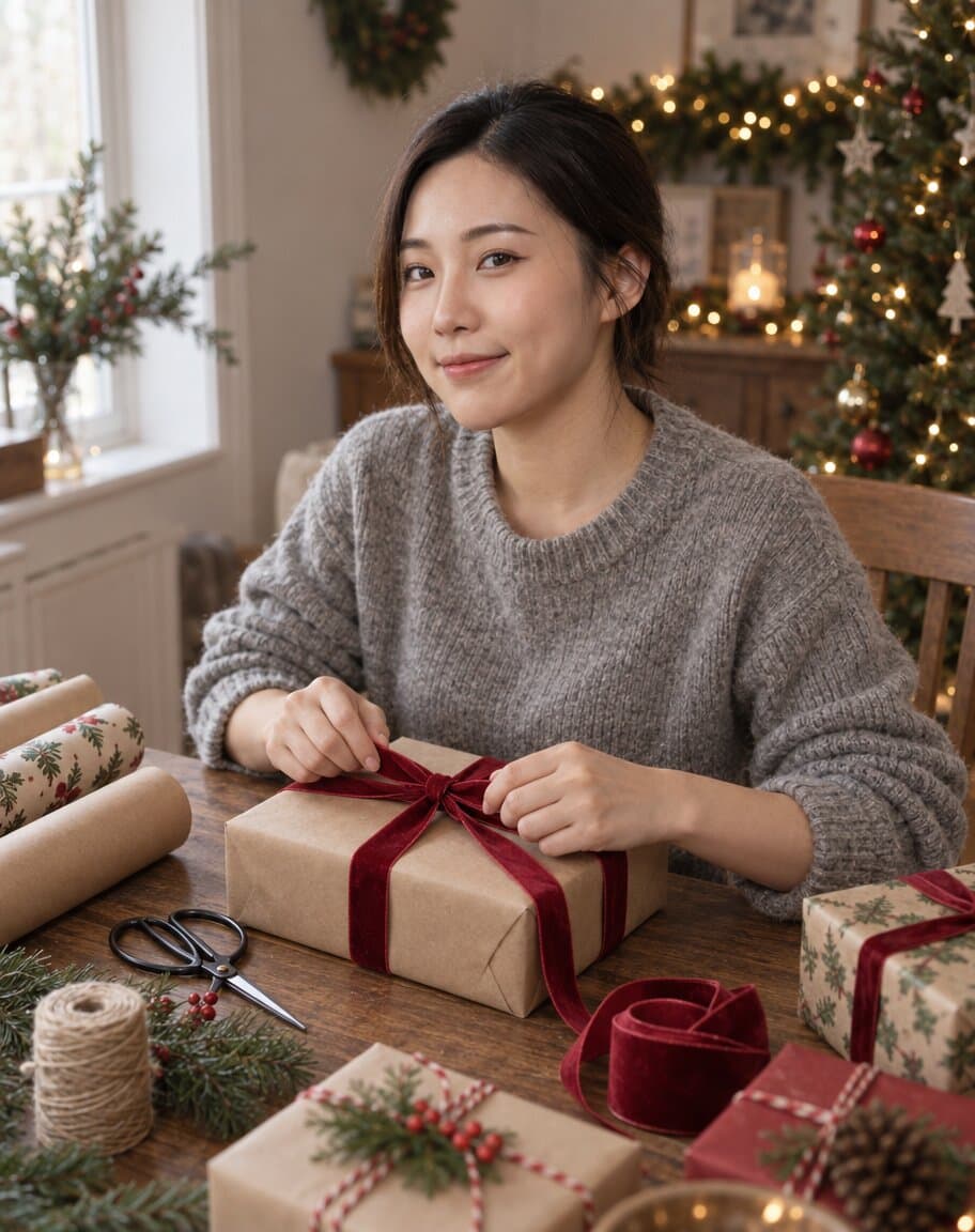 Woman wrapping presents with brown paper and red ribbon at a wooden table