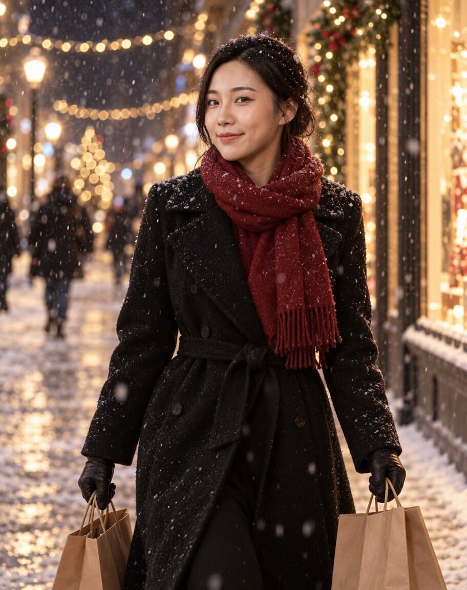 Woman walking down a snowy city street with holiday lights and shopping bags