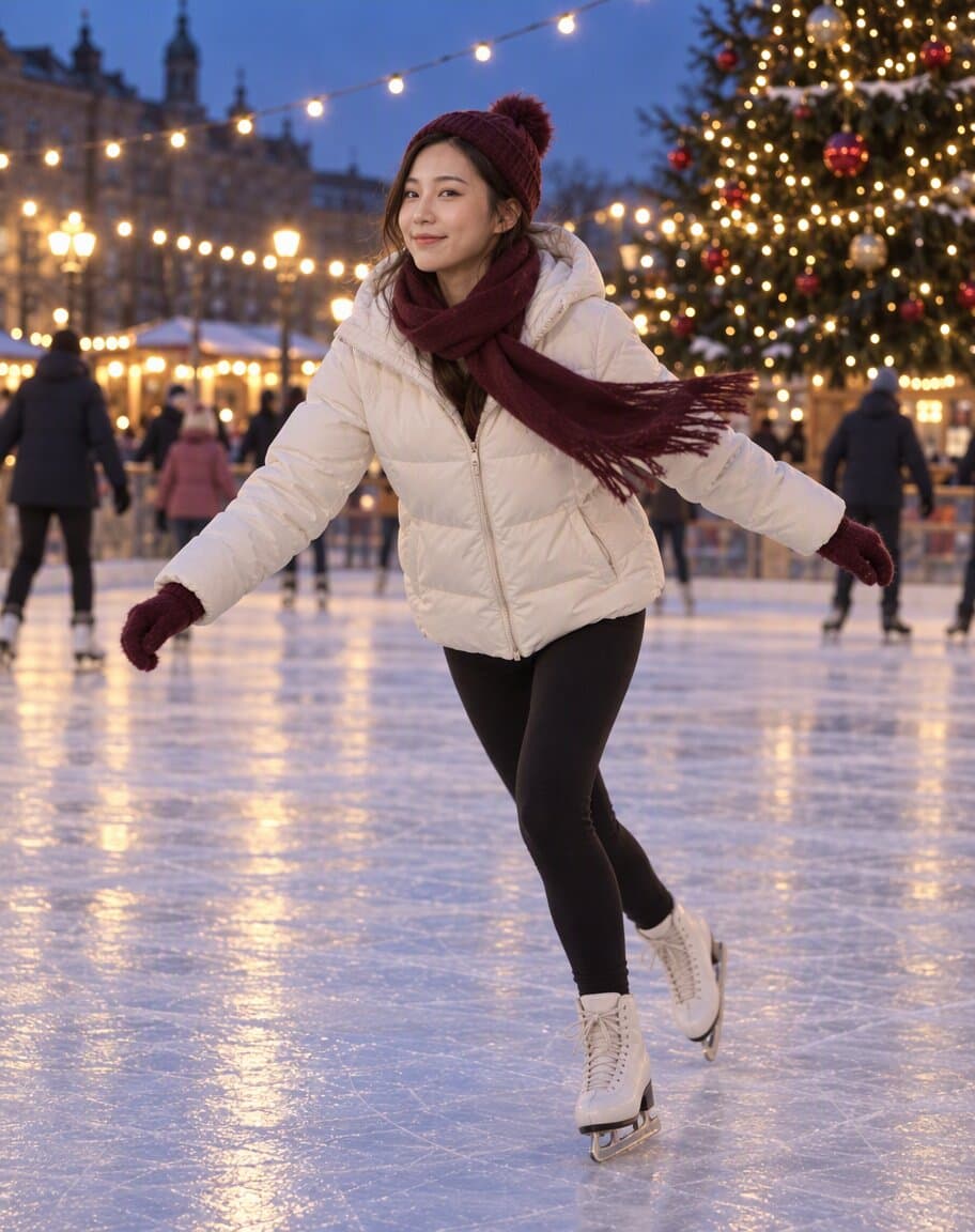 Woman laughing while ice skating at an outdoor rink with string lights