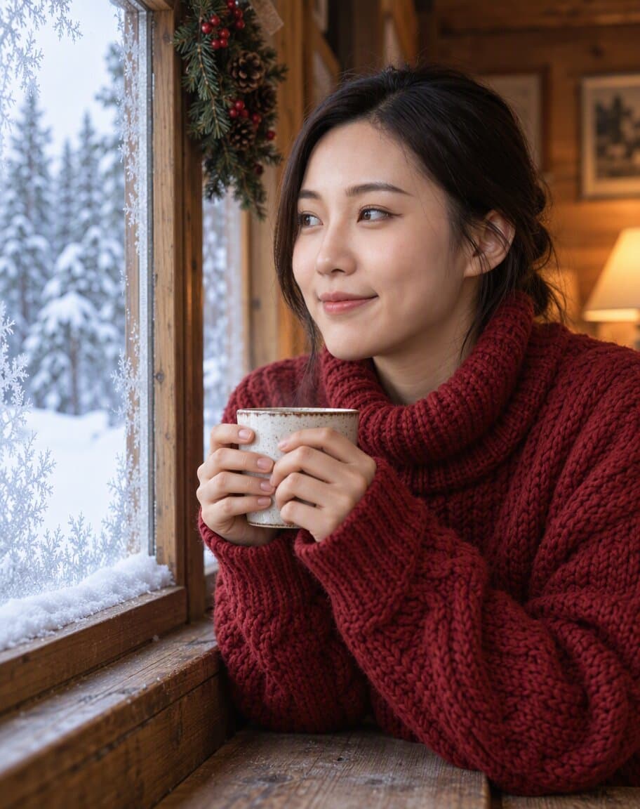 Woman looking out of a frosted cabin window at a snowy forest