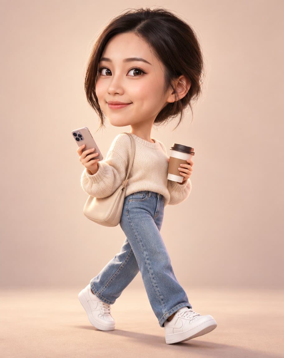 3D animated cartoon-style caricature of a woman holding a phone and coffee