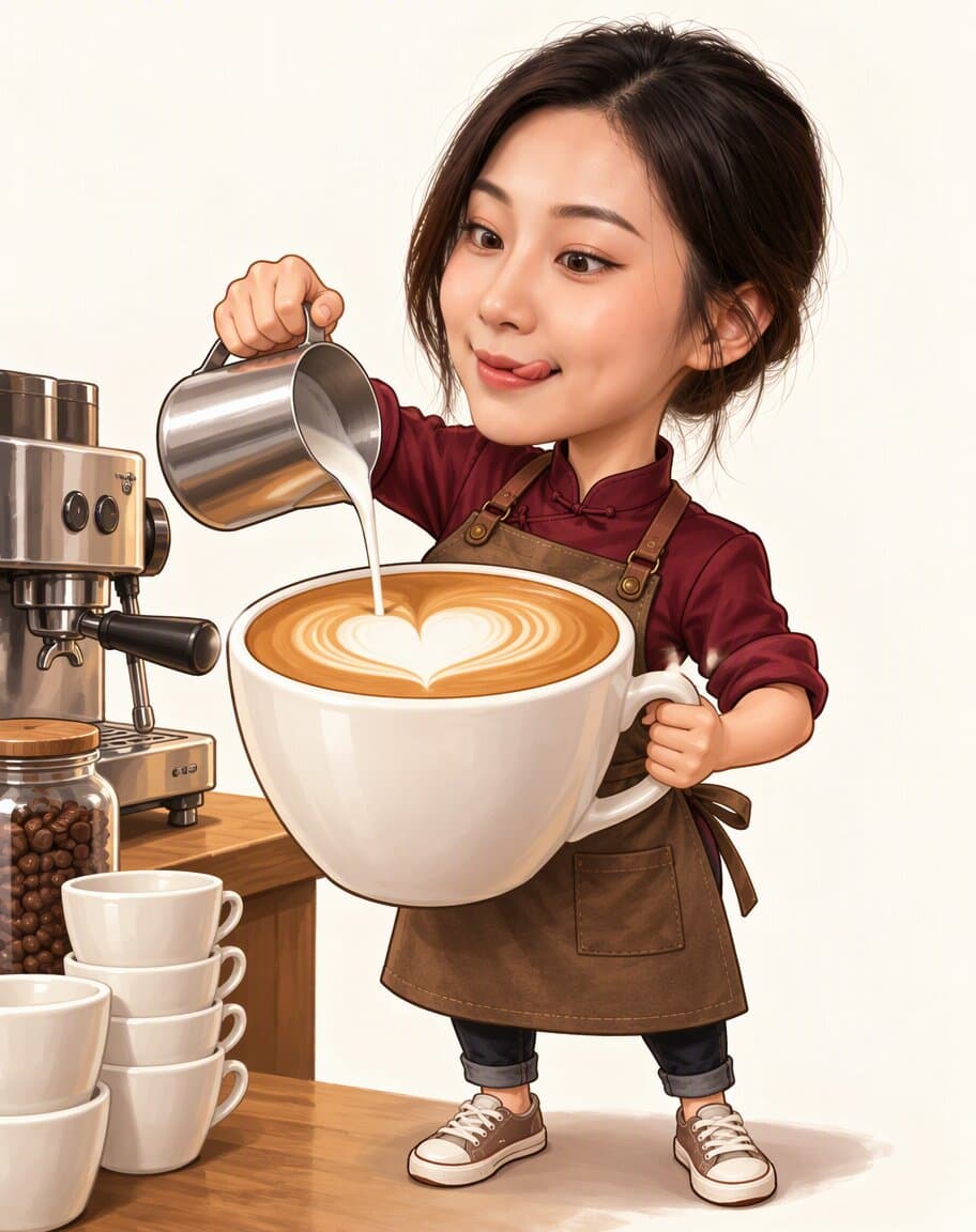 Caricature of a woman barista pouring latte art into a giant cup