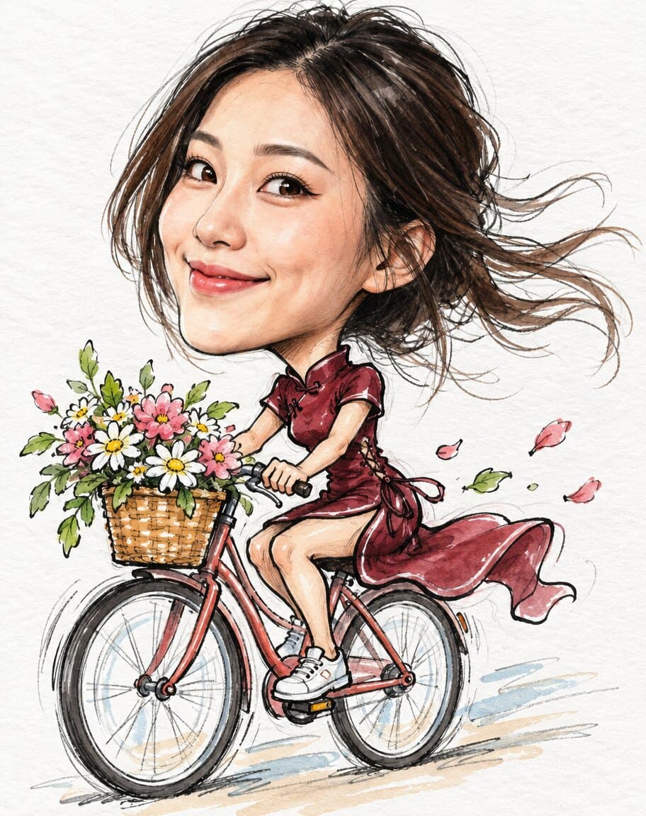 Hand-drawn boardwalk-style marker caricature of a woman on white paper