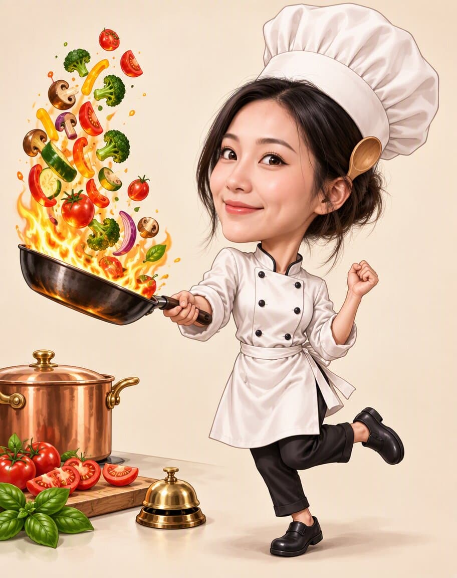 Caricature of a woman chef tossing vegetables from a flaming pan