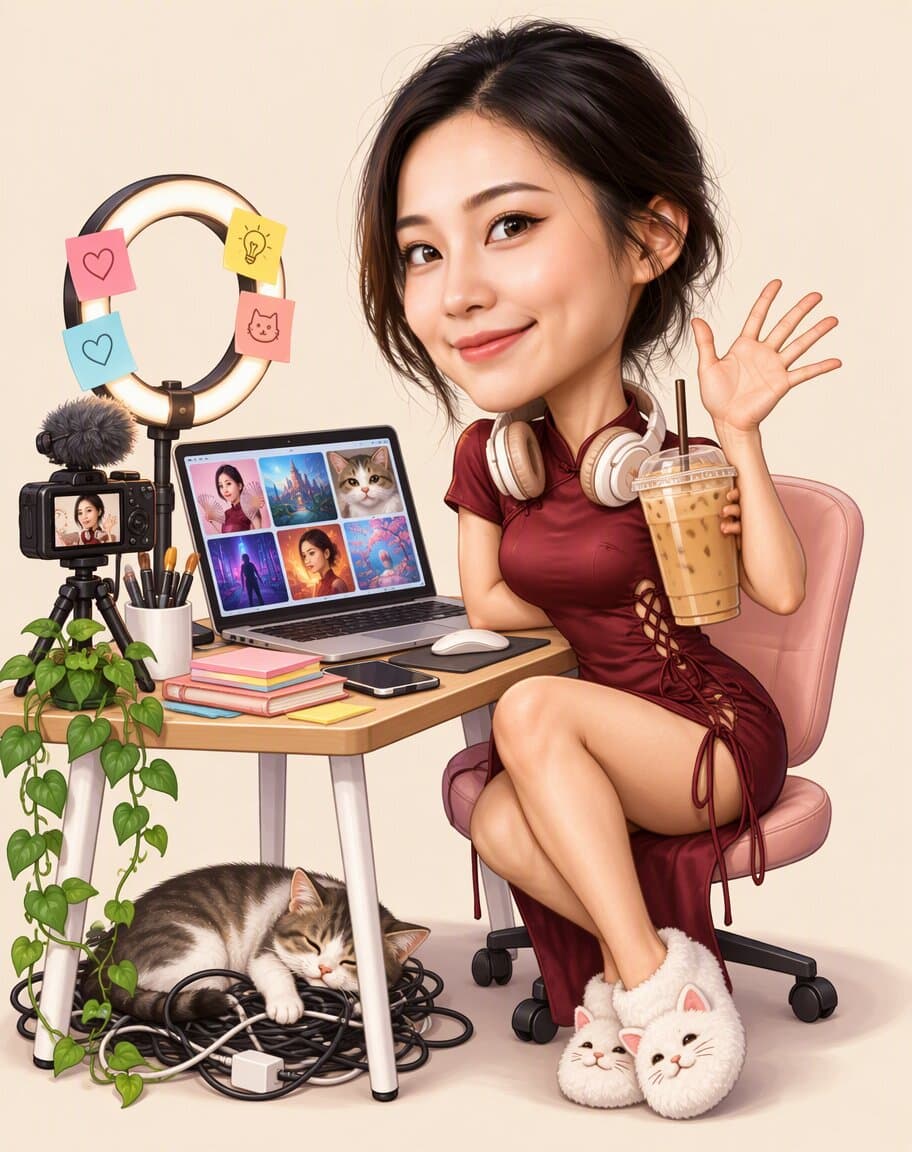 Caricature of a smiling woman content creator at a desk with a camera, laptop and coffee