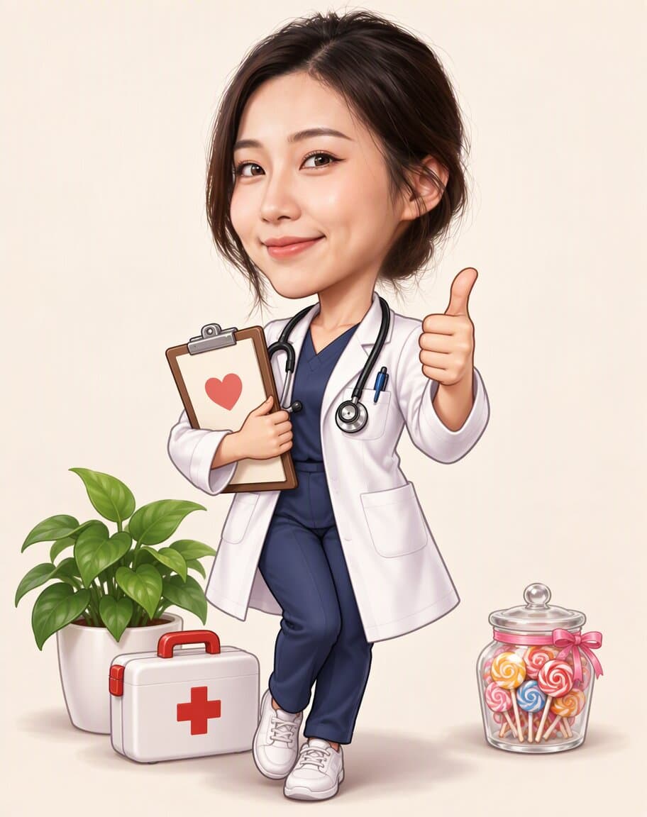 Caricature of a woman doctor in a white coat with a stethoscope and clipboard