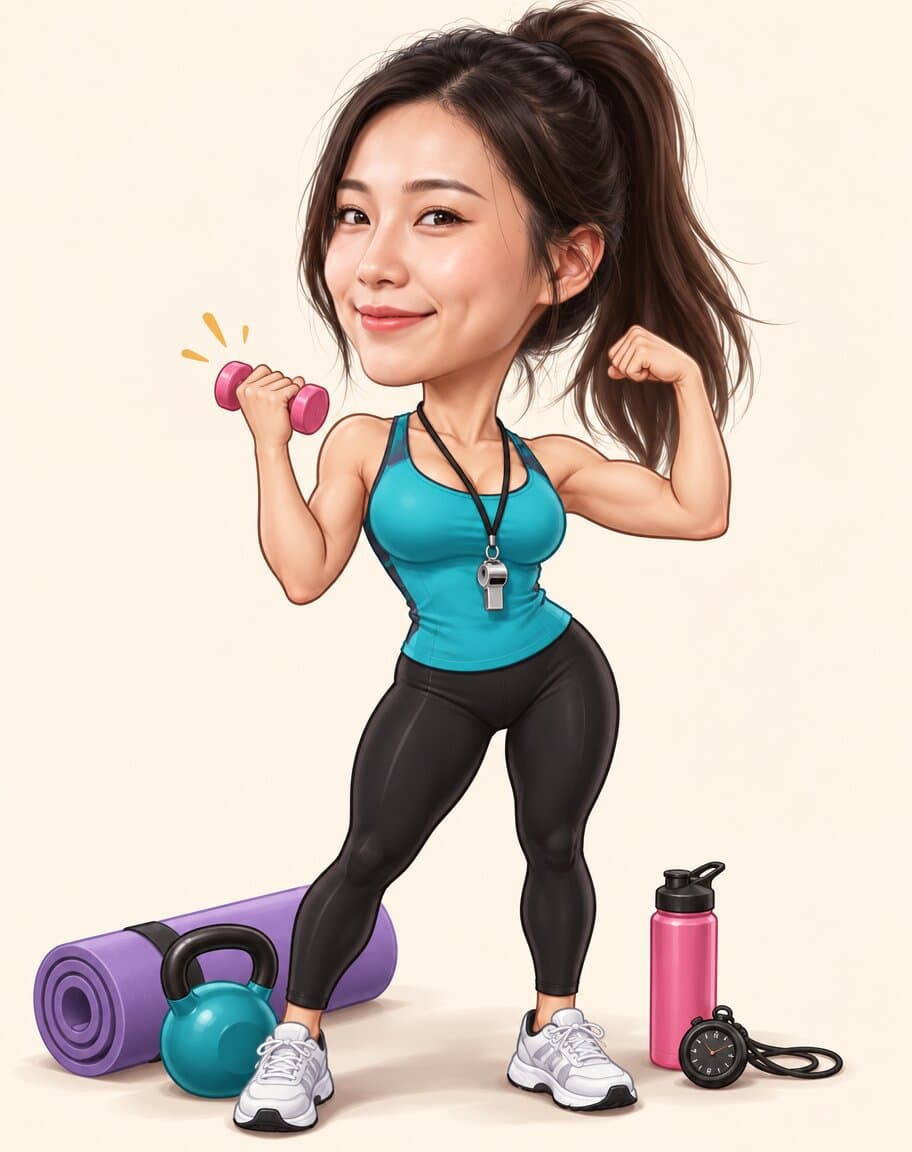 Caricature of a woman fitness coach lifting a tiny dumbbell with a whistle