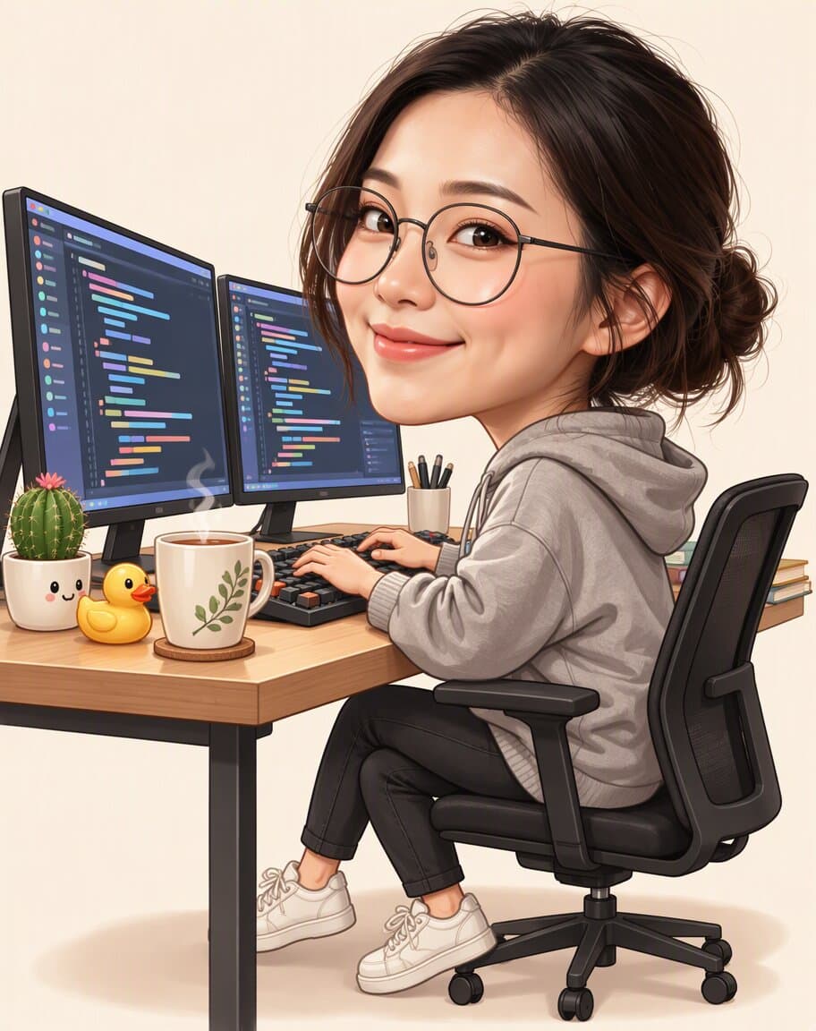 Caricature of a woman software developer with two monitors, a rubber duck and a hoodie