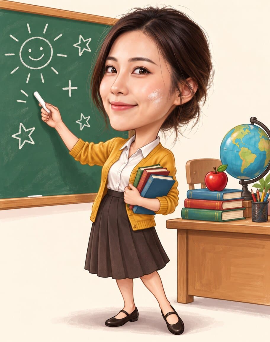 Caricature of a woman teacher pointing at a chalkboard with doodles