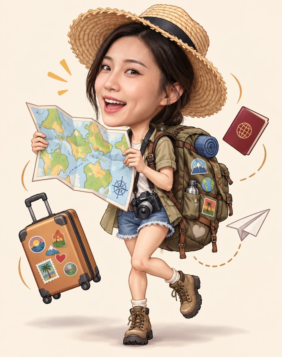 Caricature of a woman travel blogger with a backpack, map and camera