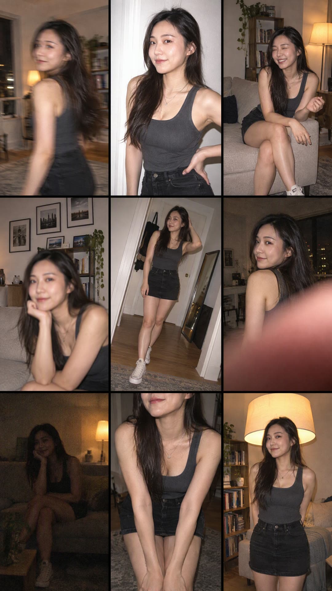 Nine-frame 3x3 contact sheet of candid flash photos of a woman at home, each ruined by a classic amateur mistake
