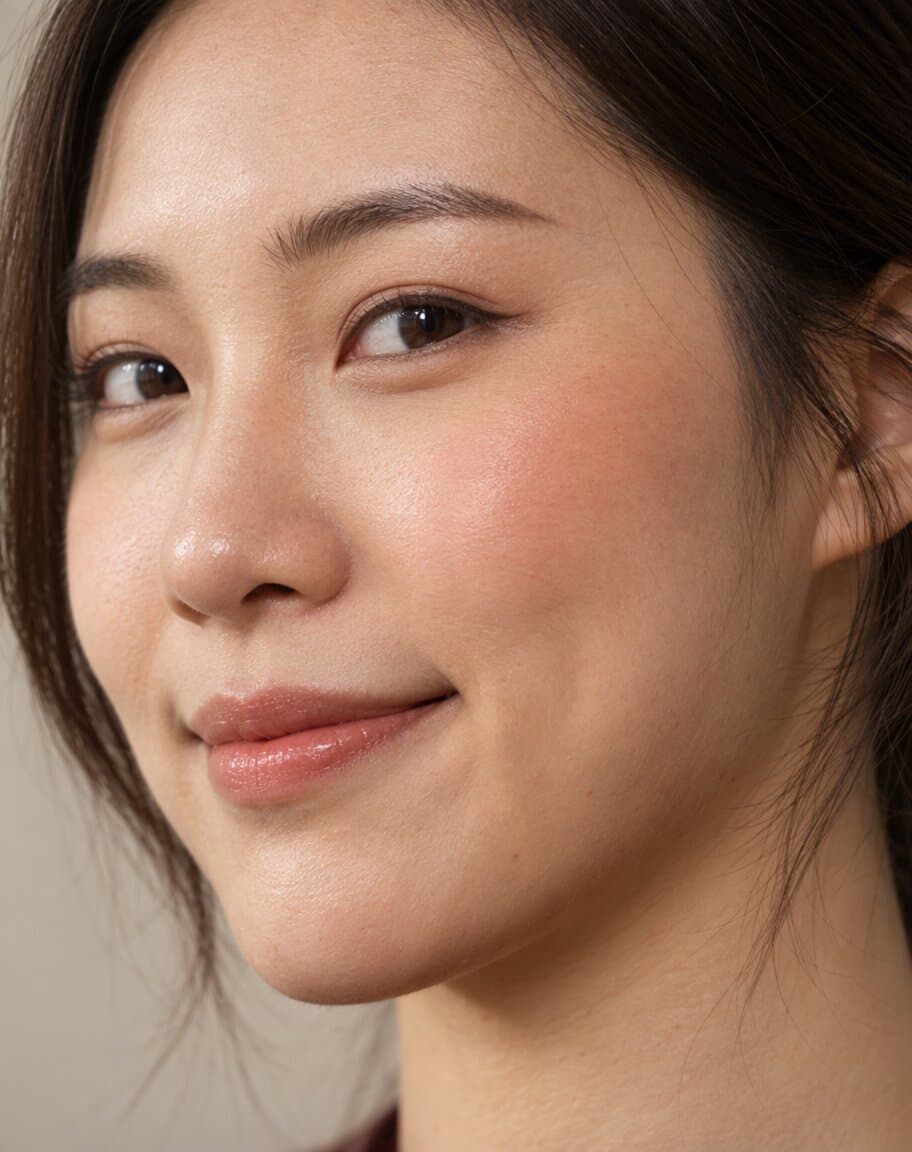 Beauty close-up of a woman's cheek with terracotta blush and visible skin texture