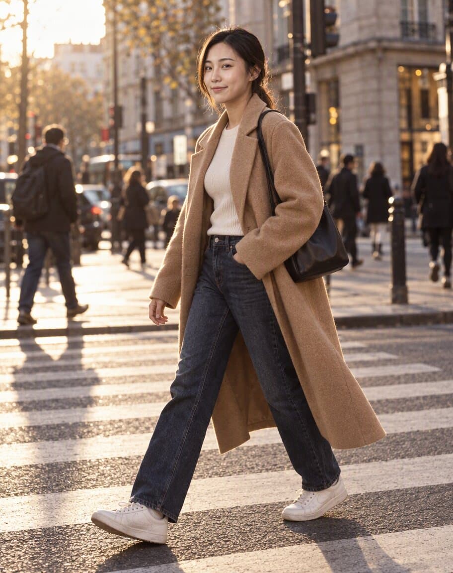 Full-body street-style photo of a woman in a camel coat crossing a city street