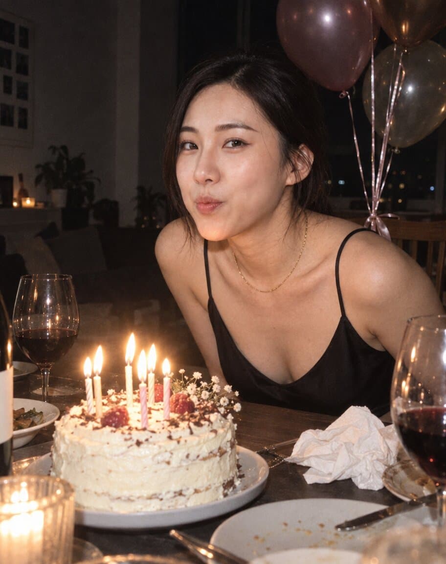 Flash photo of a woman about to blow out candles on a birthday cake
