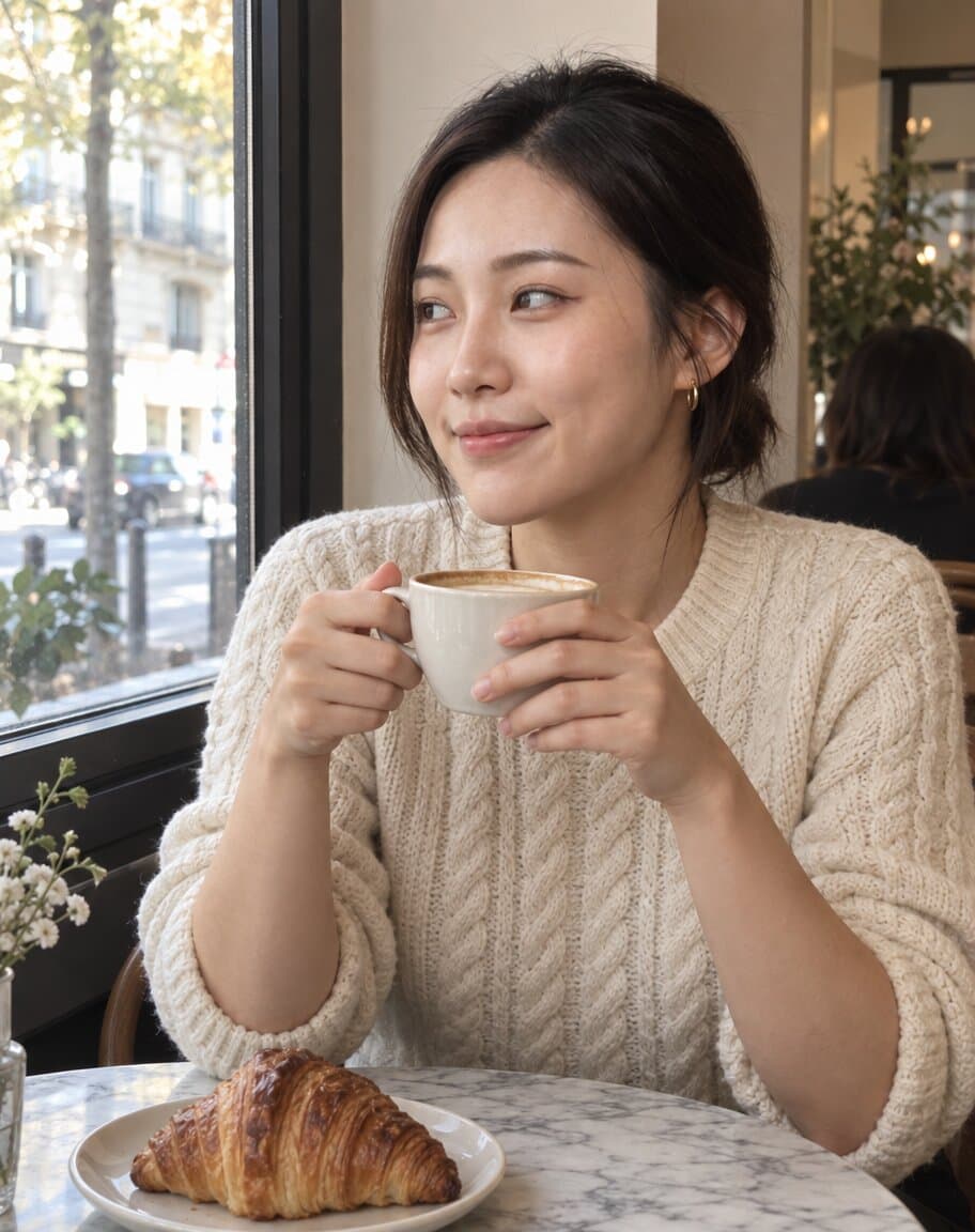 Woman at a café window table lifting a coffee cup and laughing