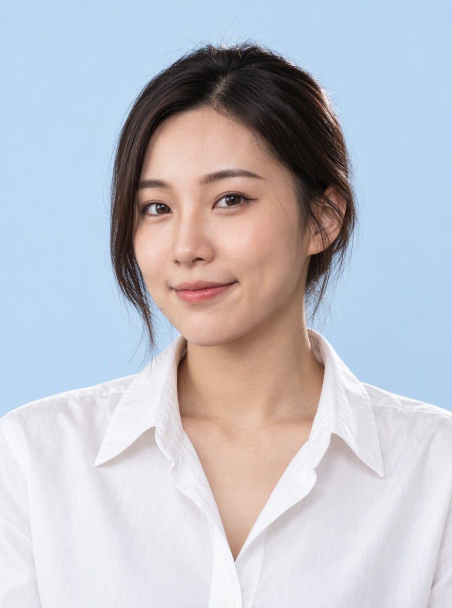 Clean Korean photo-studio style portrait of a woman against a pale blue backdrop