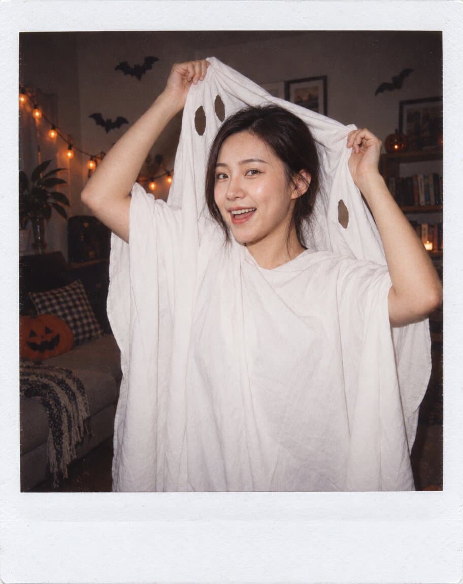Instant photo of a woman laughing as she lifts a white bedsheet ghost costume off her head