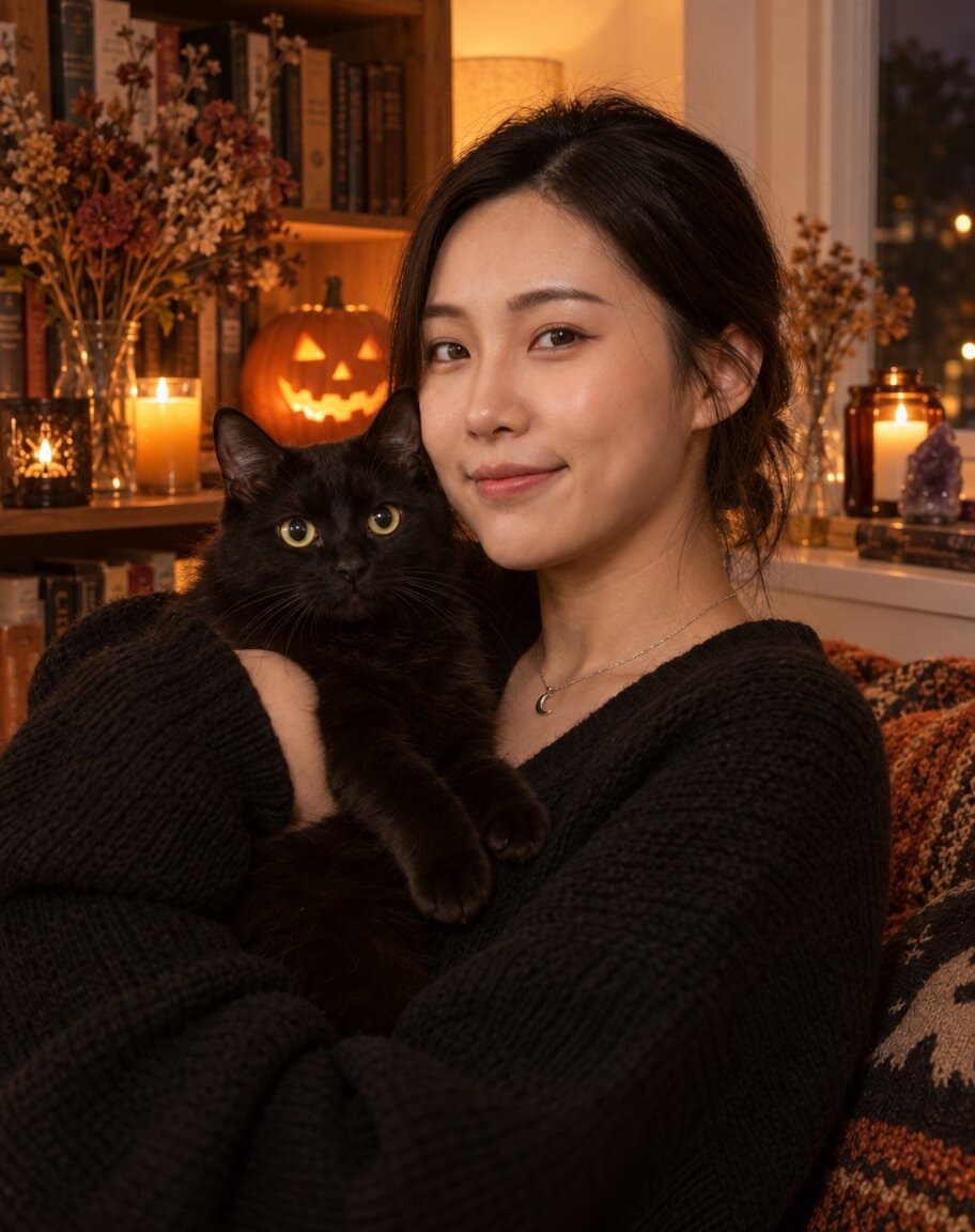 Woman in a cosy witchy apartment holding a black cat near candles and a pumpkin